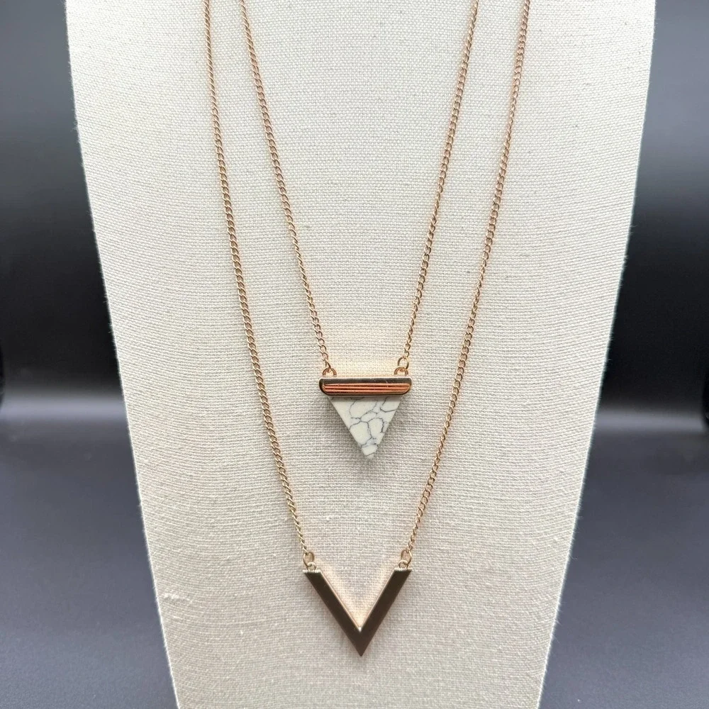 Rose Gold Tone Layered Necklace White Stone Triangle V Pendant Boho Statement